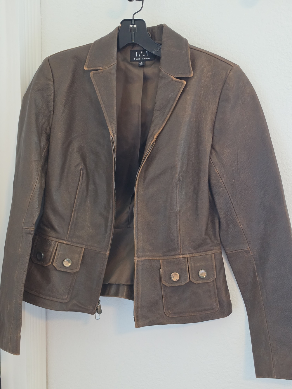 David Meister Brown Leather Jacket with Button-Flap Pockets